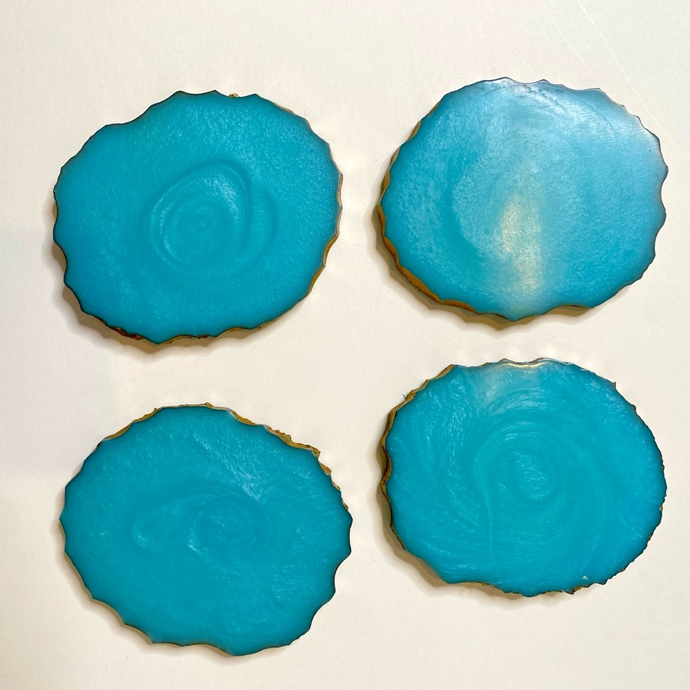 Blue Resin Coaster Set with Gold Trim set of 4